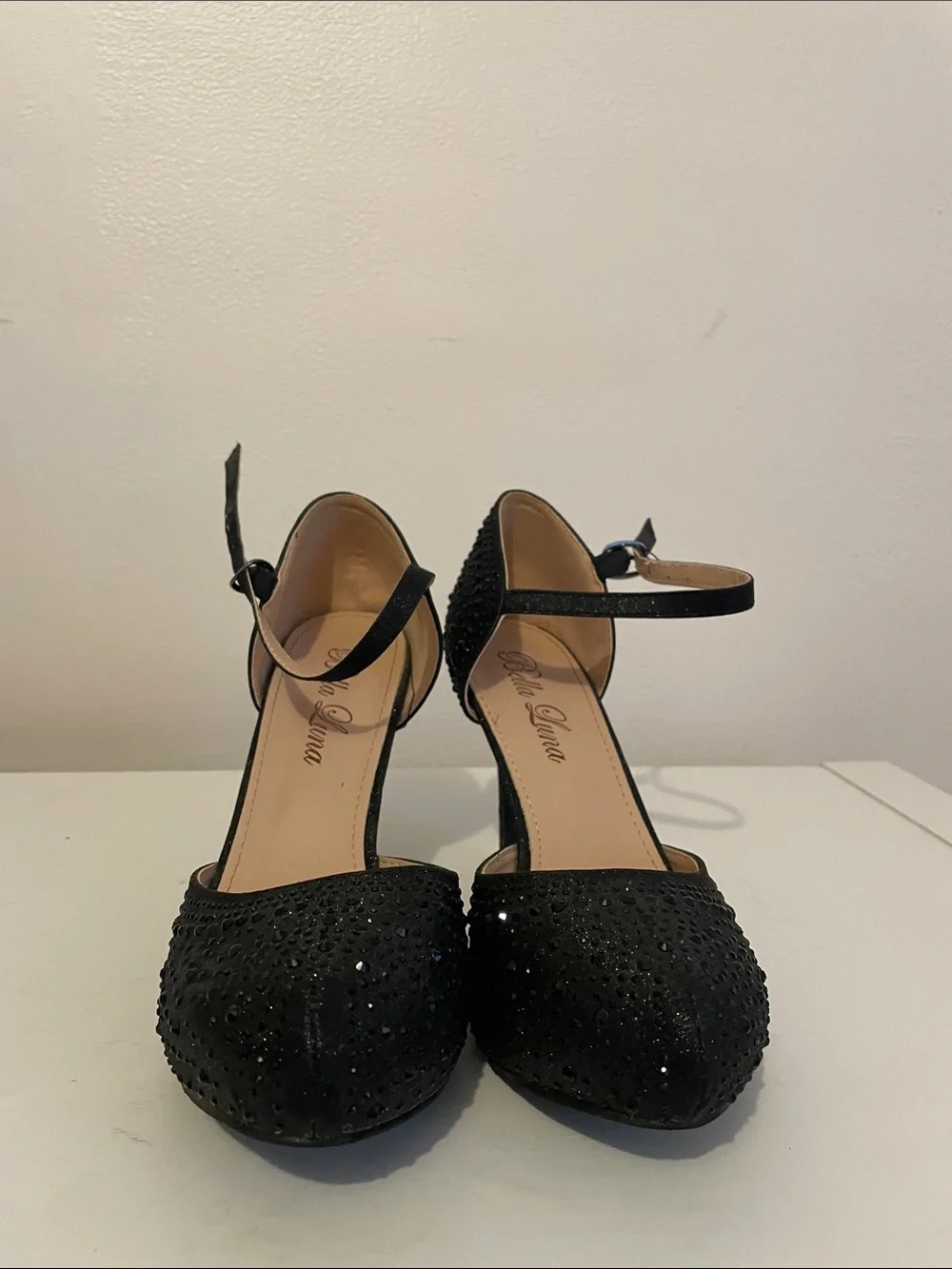 Black Rhinestone Ankle-Strap Platform Heels